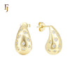 Curved drop of white heart CZs 14K Gold Stud Earrings