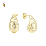 Curved drop of white heart CZs 14K Gold Stud Earrings