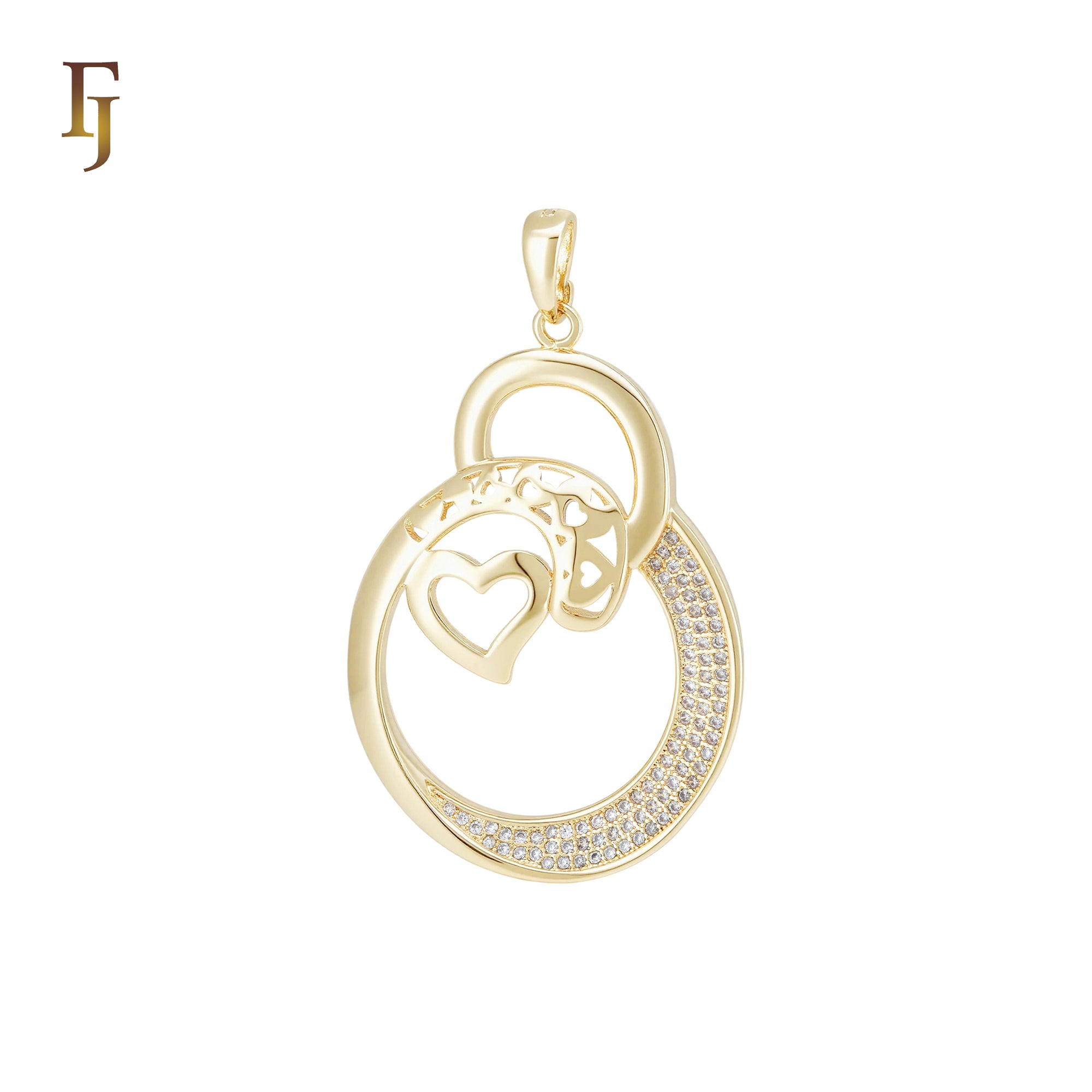 Double Circles of hearts and white CZs cluster 14K Gold Pendant
