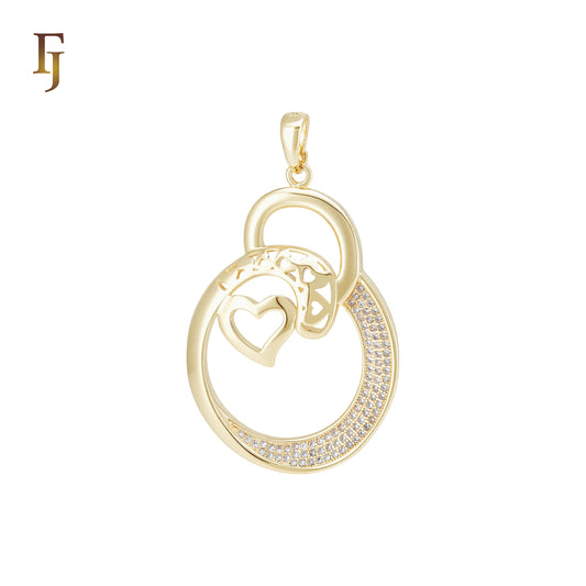 Double Circles of hearts and white CZs cluster 14K Gold Pendant
