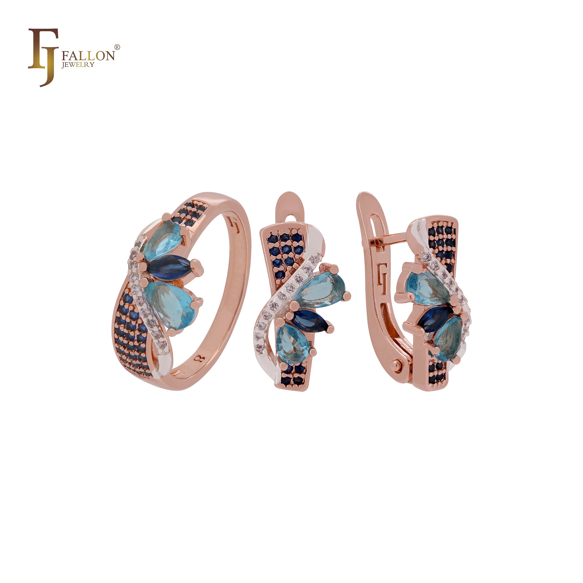Conjunto de joyas de oro rosa con circonitas azules y anillos