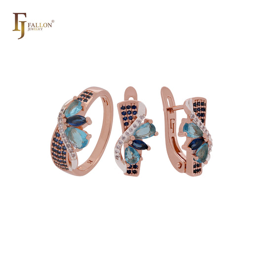 Conjunto de joyas de oro rosa con circonitas azules y anillos