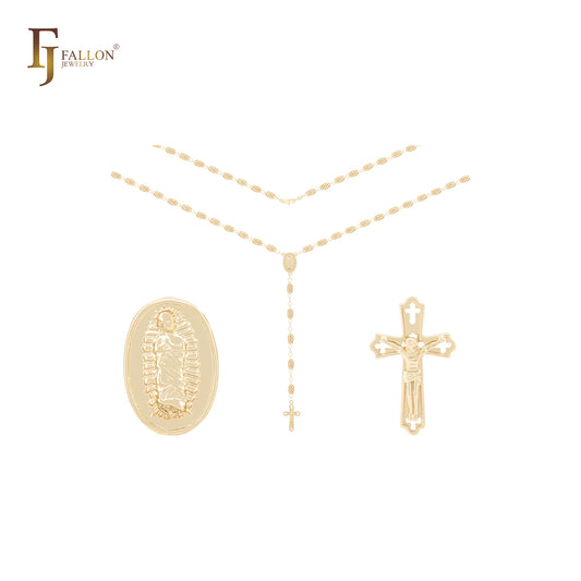 Virgin Mary of Guadalupe and Crucifix Rose 14K Gold Rosary Necklace of Filigree Bucket Beads