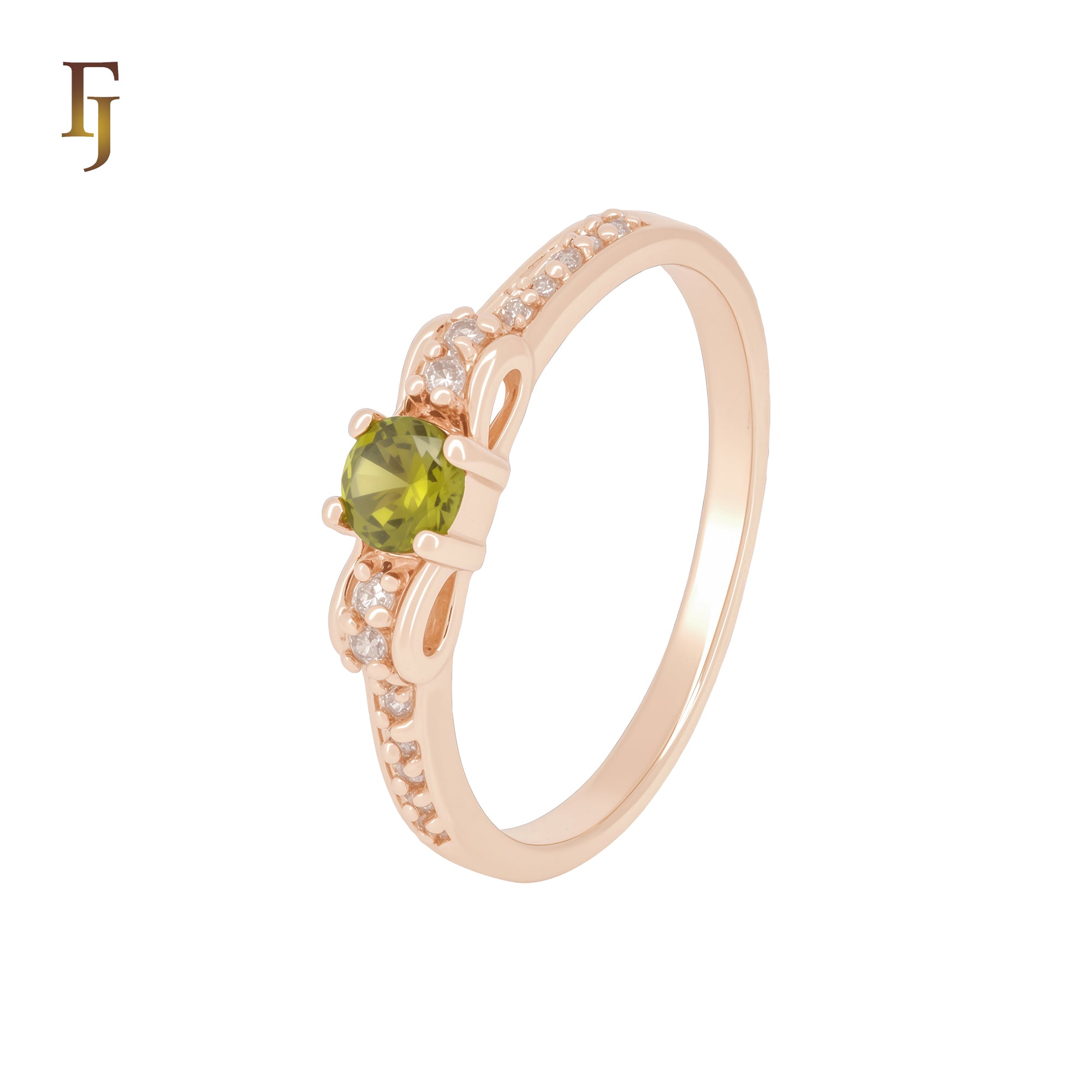Solitaire Ribbon Round Olive Green CZ Rose Gold Engagement Rings