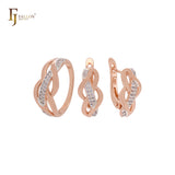 Conjunto de joyas de oro rosa de dos tonos con anillos y bandas entrelazadas de circonitas blancas con diseño geométrico