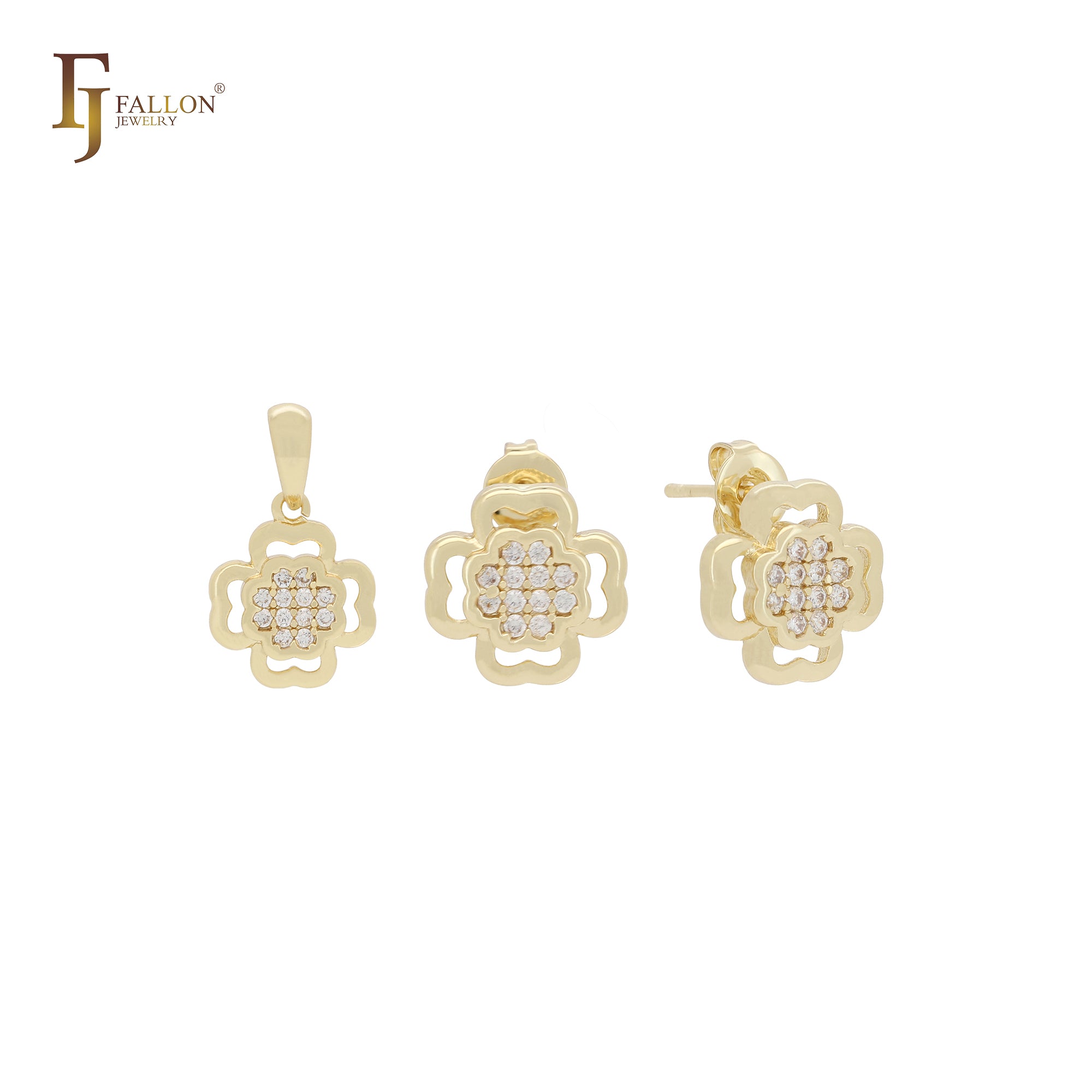 Pequeño conjunto de joyas de oro de 14 quilates con circonitas blancas en forma de trébol, colgante y pendientes tipo botón.