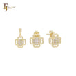 Pequeño conjunto de joyas de oro de 14 quilates con circonitas blancas en forma de trébol, colgante y pendientes tipo botón.