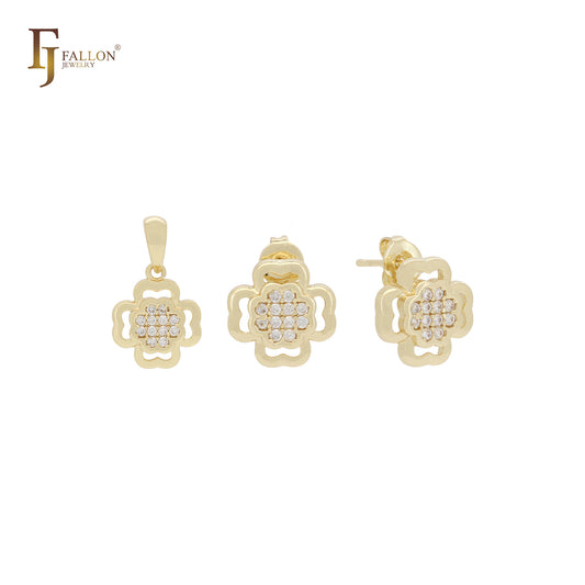 Pequeño conjunto de joyas de oro de 14 quilates con circonitas blancas en forma de trébol, colgante y pendientes tipo botón.
