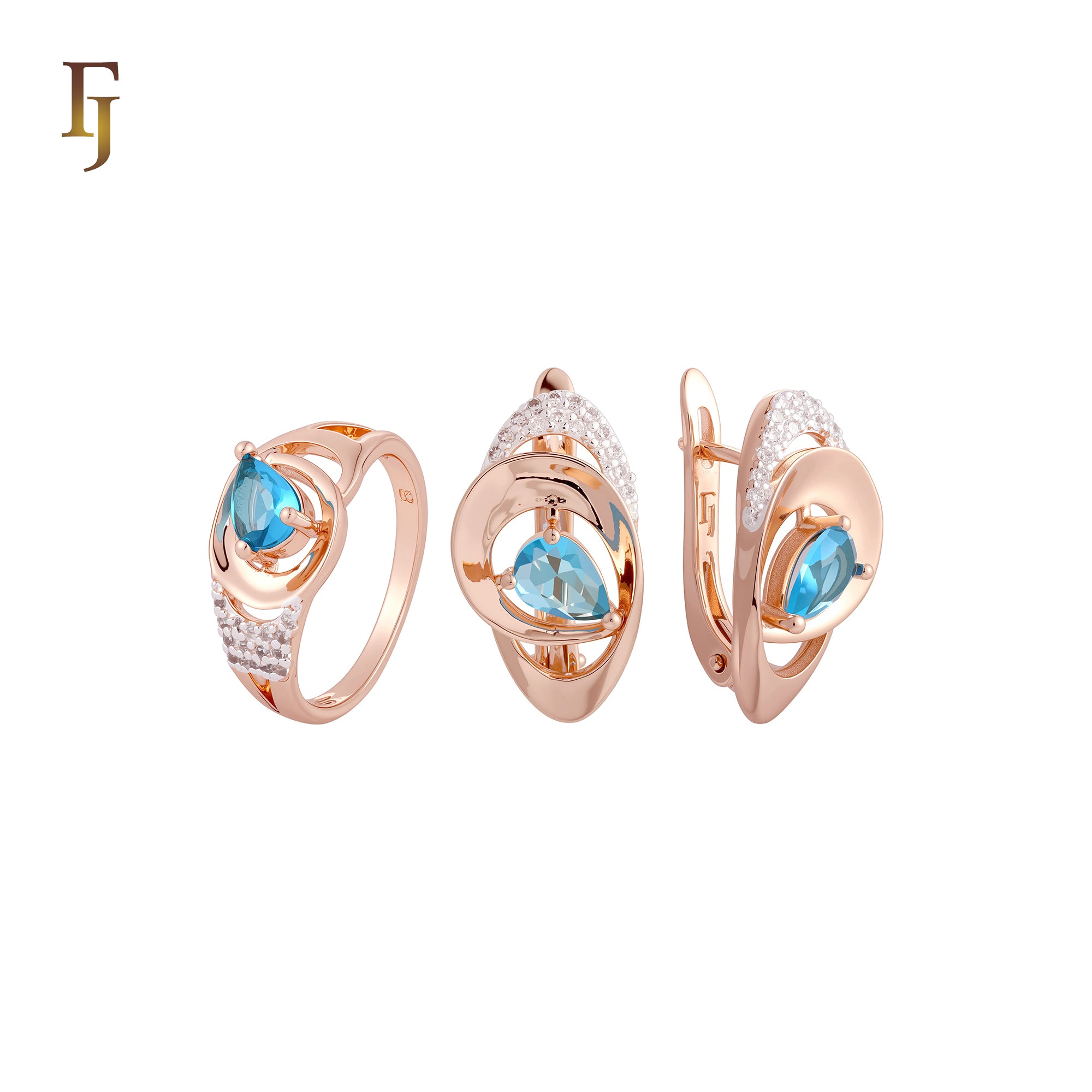 Solitaire Teardrop shape Ocean Blue CZ Rose Gold two tone Jewelry Set with Rings