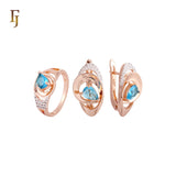 Solitaire Teardrop shape Ocean Blue CZ Rose Gold two tone Jewelry Set with Rings