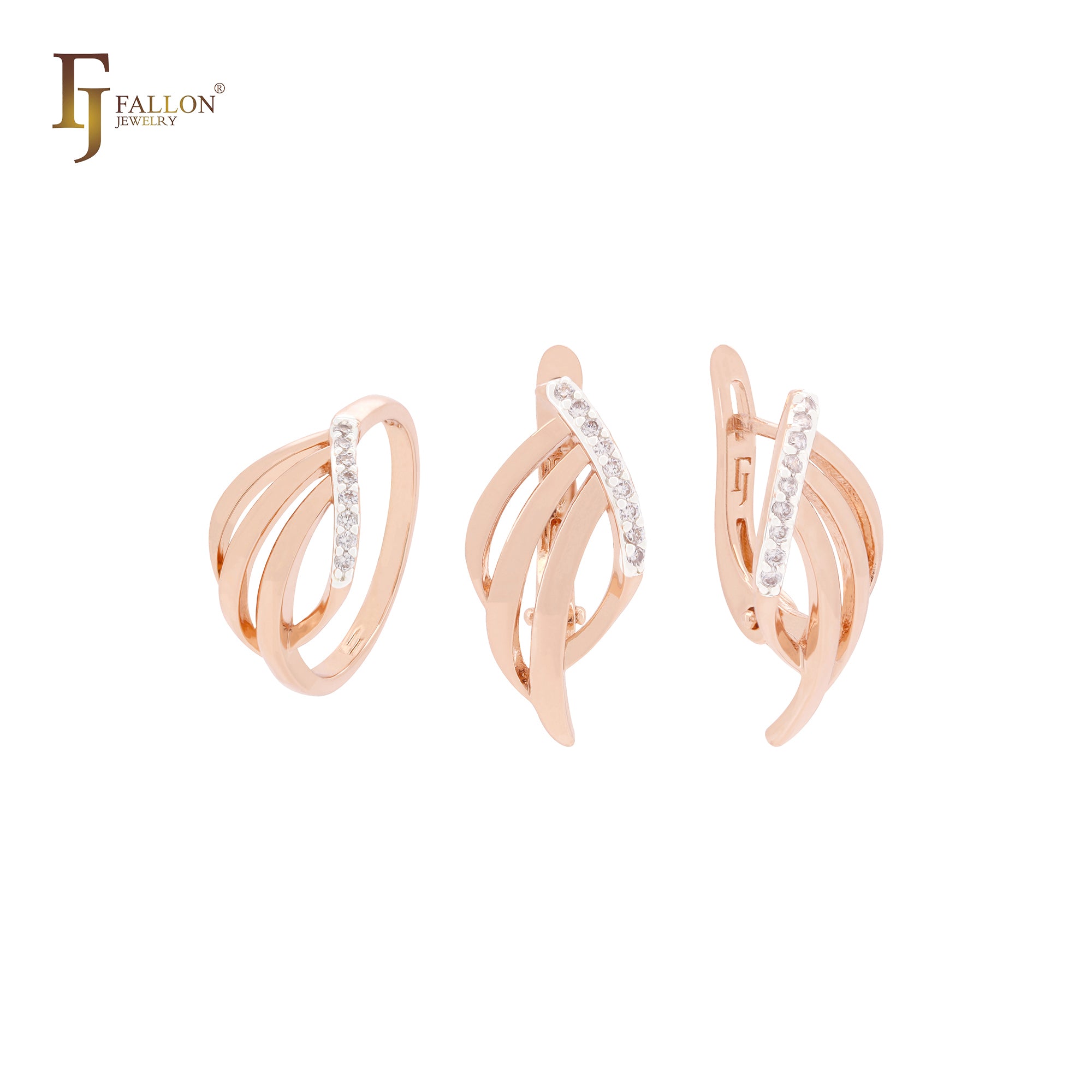 Conjunto de joyas de oro rosa en dos tonos con tres ramas geométricas de circonitas blancas y anillos