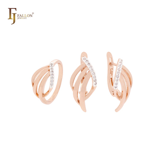 Conjunto de joyas de oro rosa en dos tonos con tres ramas geométricas de circonitas blancas y anillos