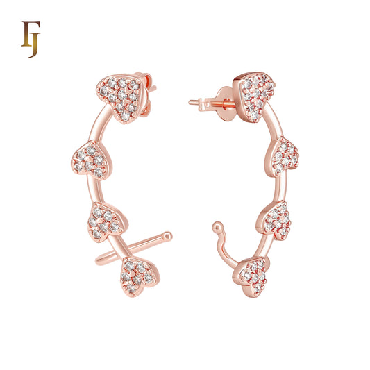 Hearty Heart of White CZs Cluster 14K Gold, Rose Gold Cuff Clip Stud Earrings