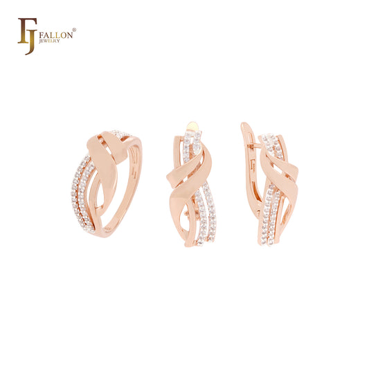 Conjunto de joyas de dos tonos con capas entrelazadas de circonitas blancas y anillos en oro rosa.