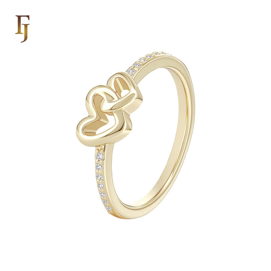 Double Heart crossing paved white CZs 14K Gold Fashion Rings