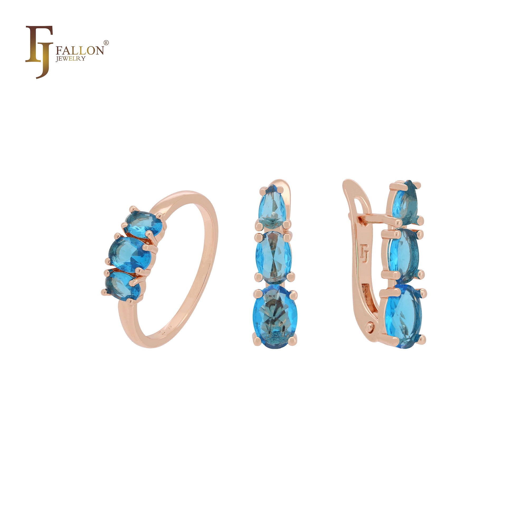 Conjunto de joyas de oro rosa con triple racimo de circonitas azul océano y anillos