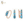 Conjunto de joyas de oro rosa con triple racimo de circonitas azul océano y anillos