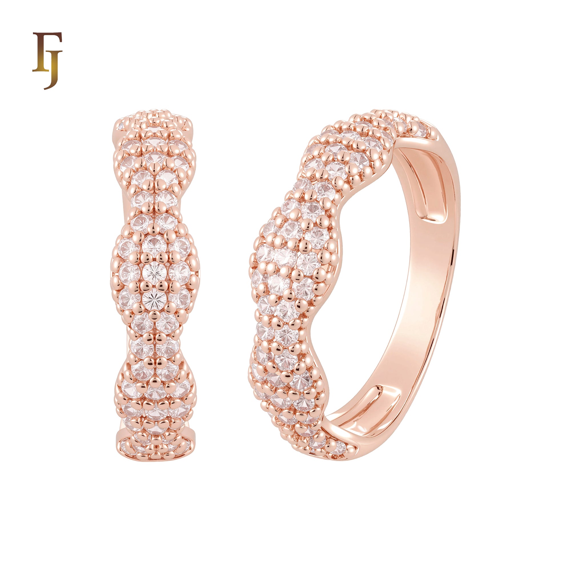 Wavy luxurious White CZs 14K Gold, Rose Gold Wedding Set Rings Engagement and Band