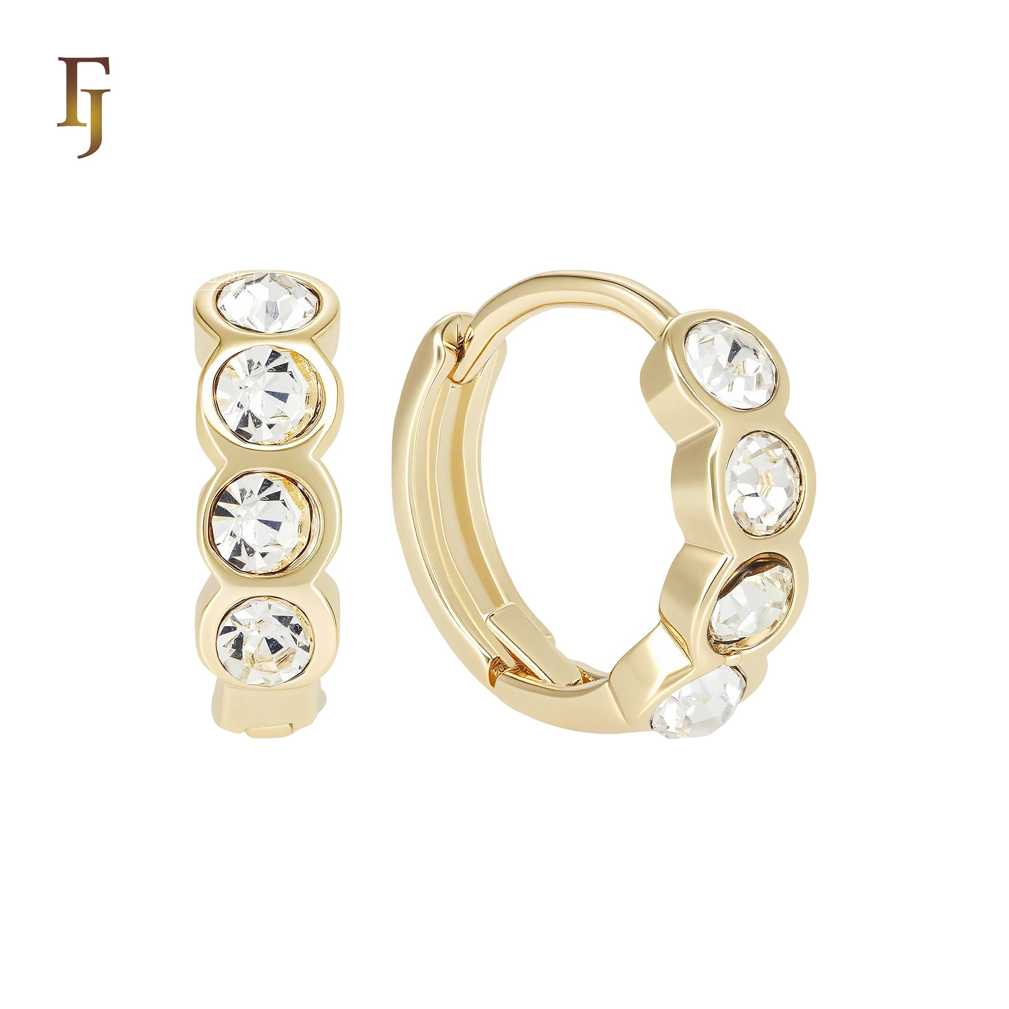 Four Paved White CZs 14K Gold Huggie Earrings
