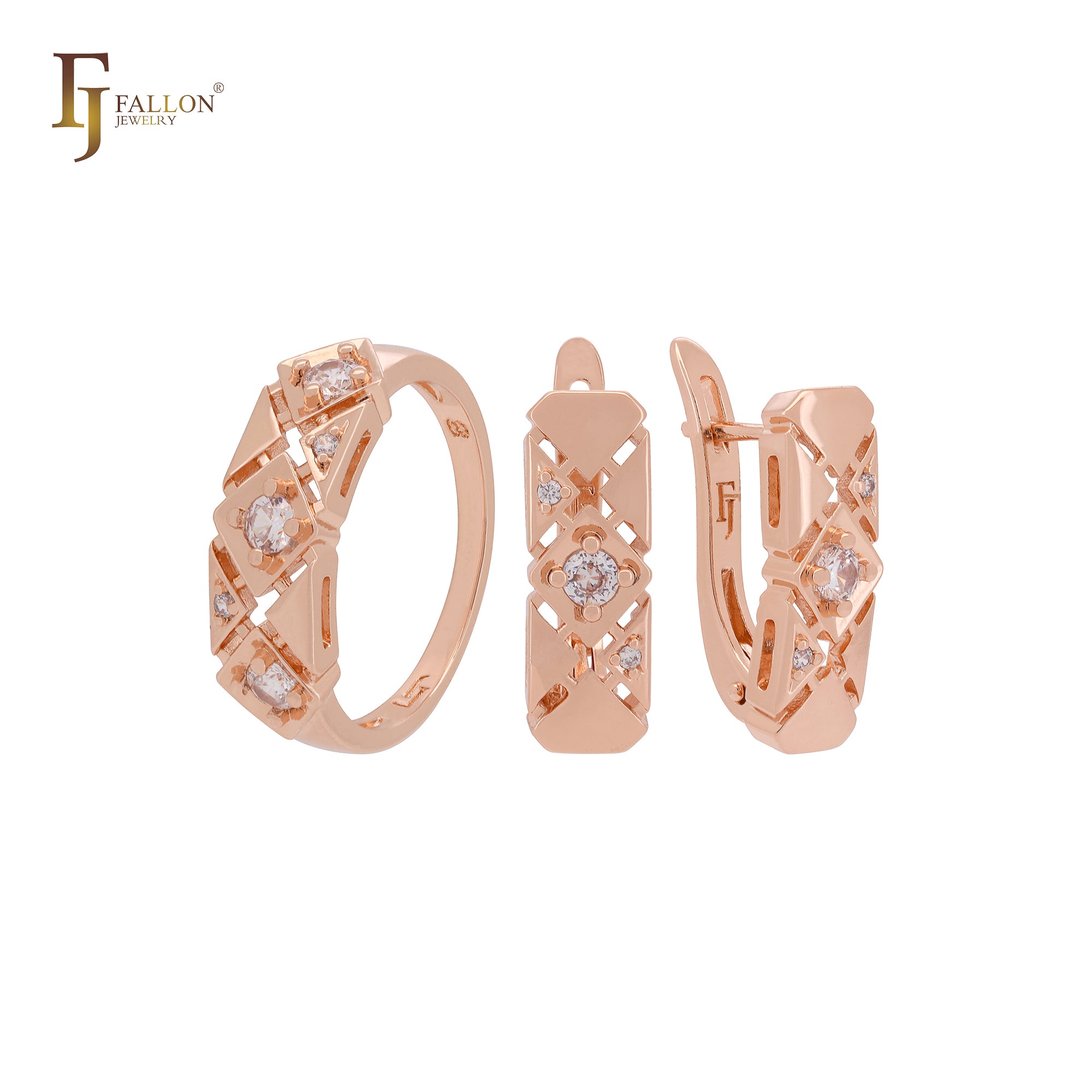 Conjunto de joyas de oro rosa con circonitas blancas geométricas triangulares y anillos