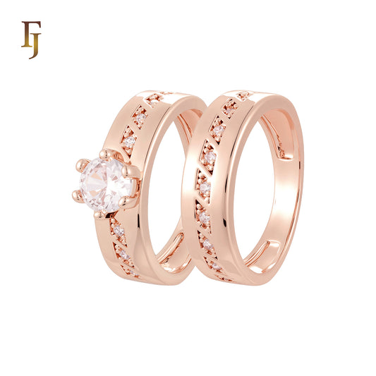 Center partial squared white CZs 14K Gold, Rose Gold Wedding Set Rings Engagement and Band