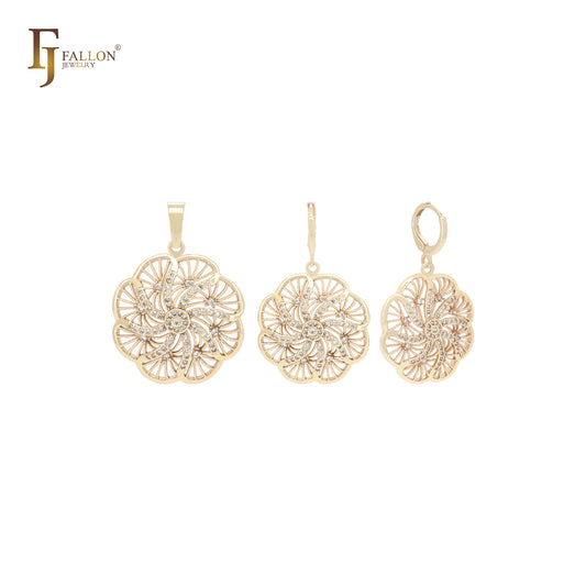 Conjunto de joyas de oro de 14 quilates con colgante y caleidoscopio radiactivo giratorio con copos de nieve y circonitas blancas.