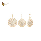 Conjunto de joyas de oro de 14 quilates con colgante y caleidoscopio radiactivo giratorio con copos de nieve y circonitas blancas.