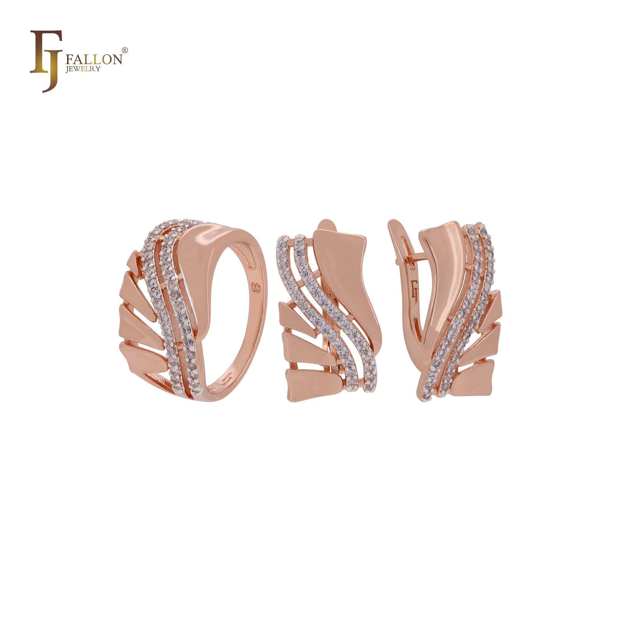 Conjunto de joyas de oro rosa de dos tonos con anillos y doble hilera de circonitas blancas incrustadas