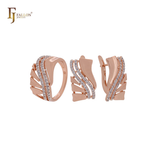 Conjunto de joyas de oro rosa de dos tonos con anillos y doble hilera de circonitas blancas incrustadas