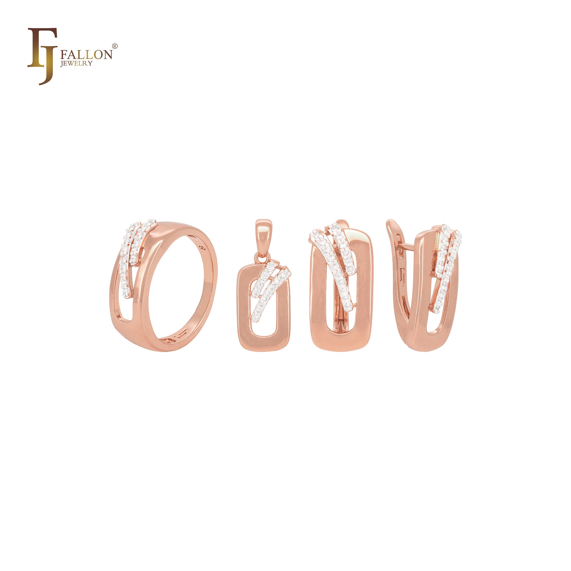 Conjunto de joyas de oro rosa con anillos, ovalado, redondeado y dos circonitas blancas.