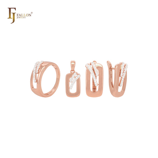 Conjunto de joyas de oro rosa con anillos, ovalado, redondeado y dos circonitas blancas.