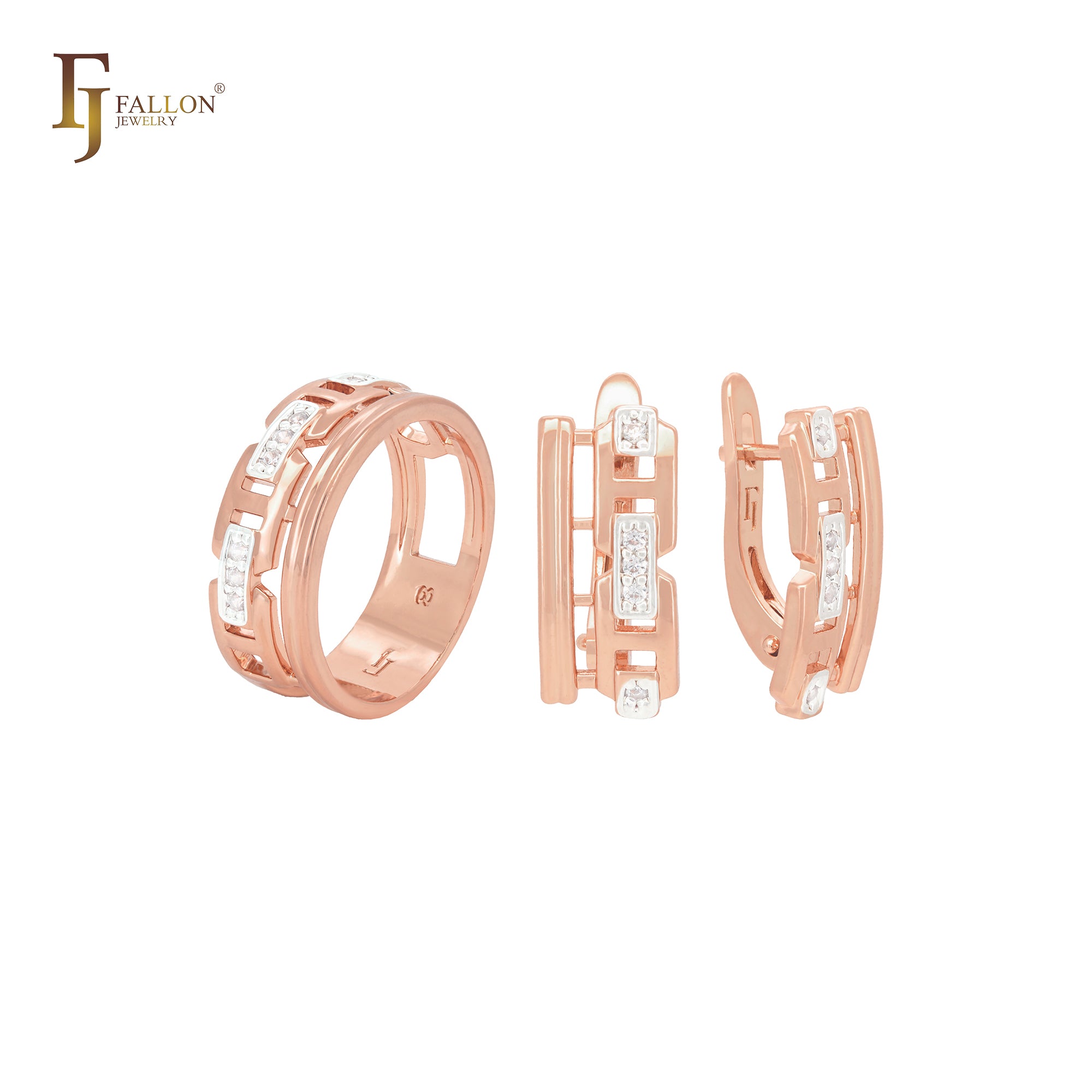 Conjunto de joyas de dos tonos en oro rosa con diseño de riel de eslabones de cadena y anillos