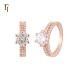 Solitaire and Cros double band paved white CZs 14K Gold, Rose Gold Wedding Set Rings Engagement and Band