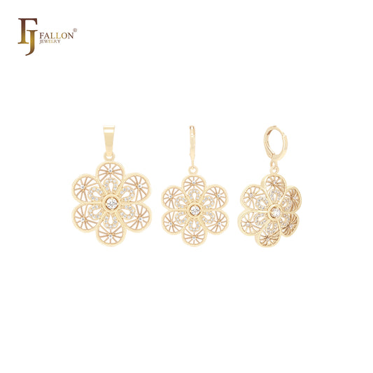 Conjunto de joyas de oro de 14 quilates con colgante y copos de nieve radiactivos de fantasía con circonitas blancas