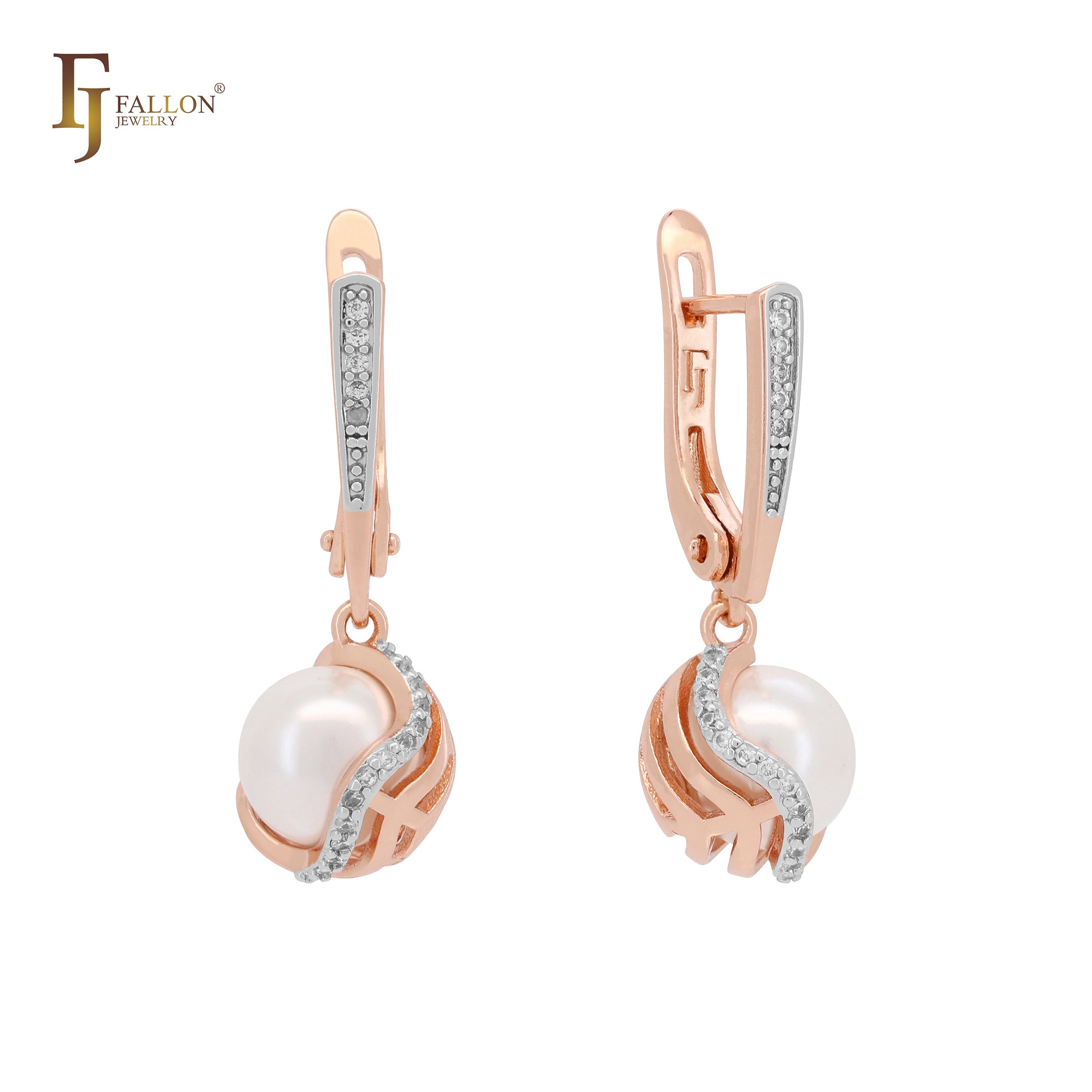Серьги-клипсы из розового золота с белыми фианитами и жемчугом 14 карат