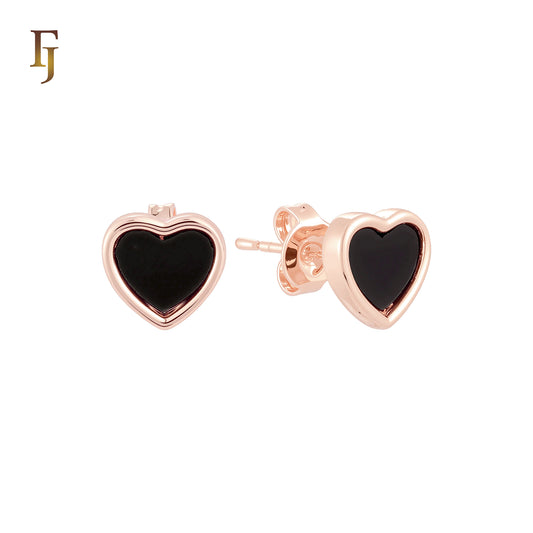 Shorter Heart of Black Onyx 14K Gold, Rose Gold Stud Earrings
