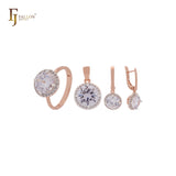 Conjunto de joyas Halo Giant Rounded White Solitaire CZ en oro rosa de dos tonos con anillos y colgante