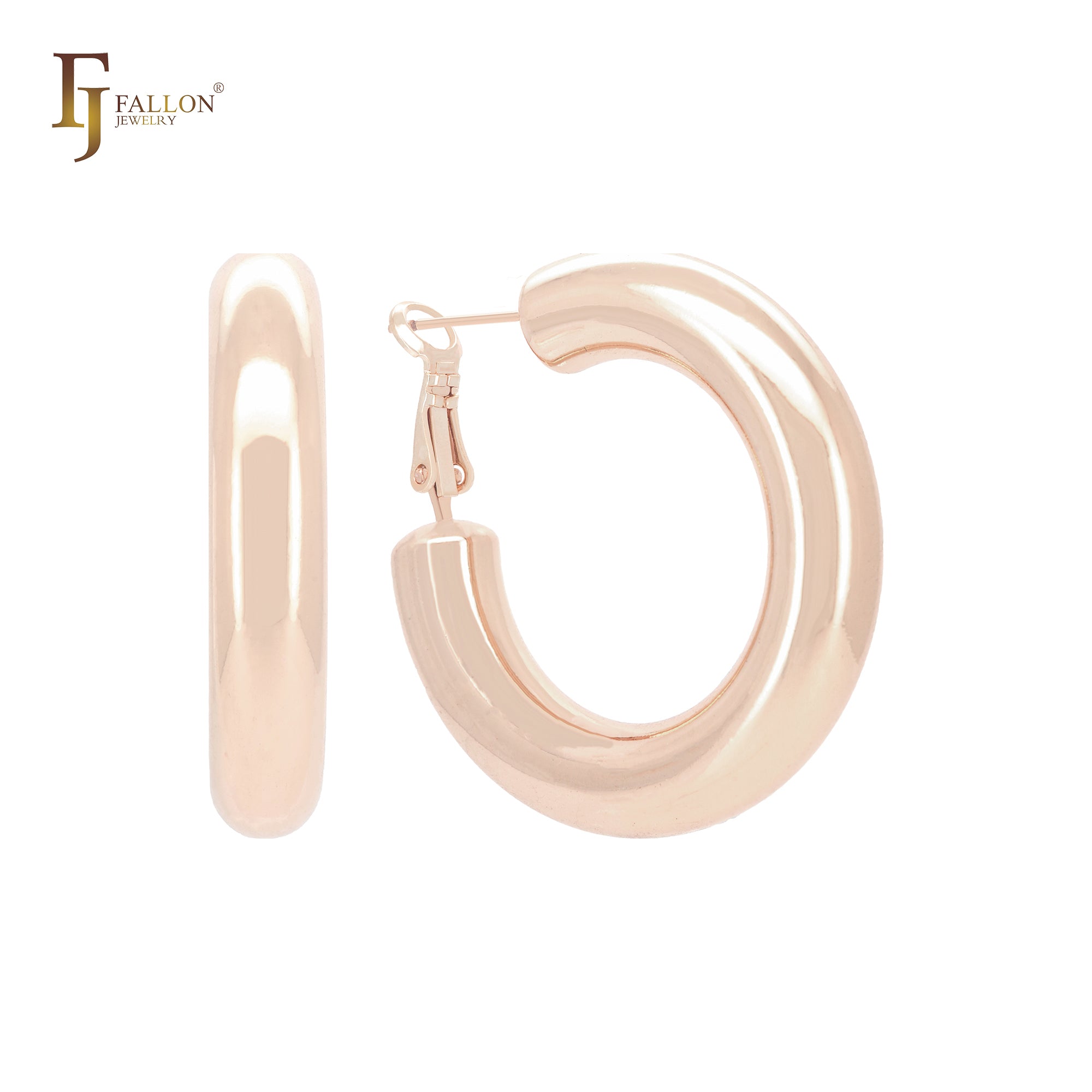 Aros de oro de 14 quilates, oro rosa y oro blanco de 7,2 mm de ancho con forma de tubo redondo brillante