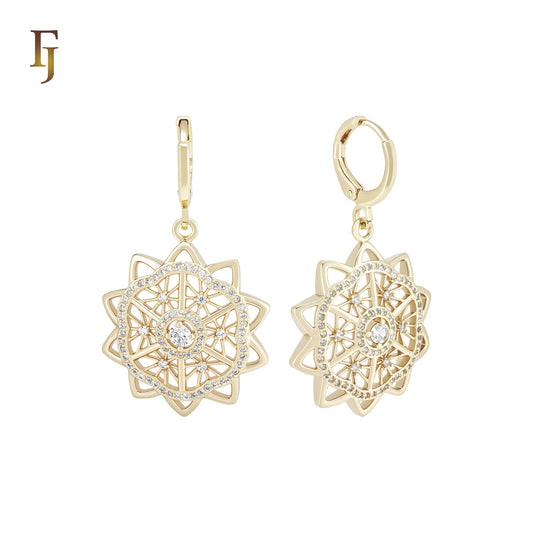 Snowflake of white CZs 14K Gold Huggie drop Earrings