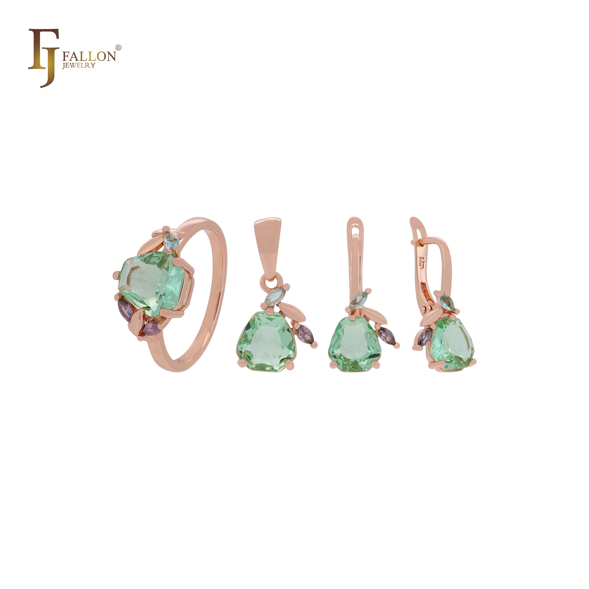 Conjunto de joyas de oro rosa con anillos y colgante, hojas fructíferas de colores y circonitas cúbicas, color verde manzana
