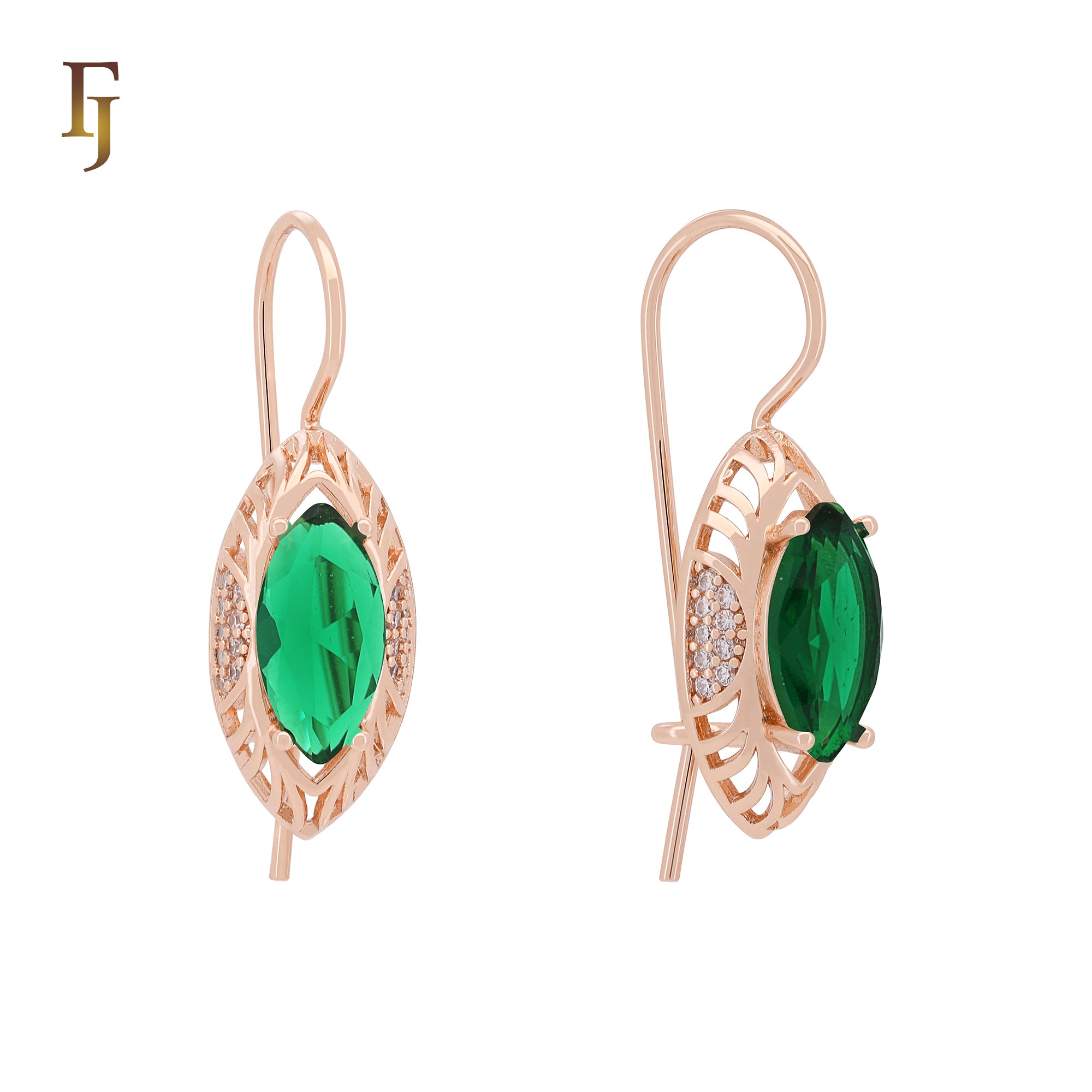Oval Wire Hook Earrings with Rose Gold Plating and Multi-Color Gemstones | Size 11.2×22mm | FJ Jewelry