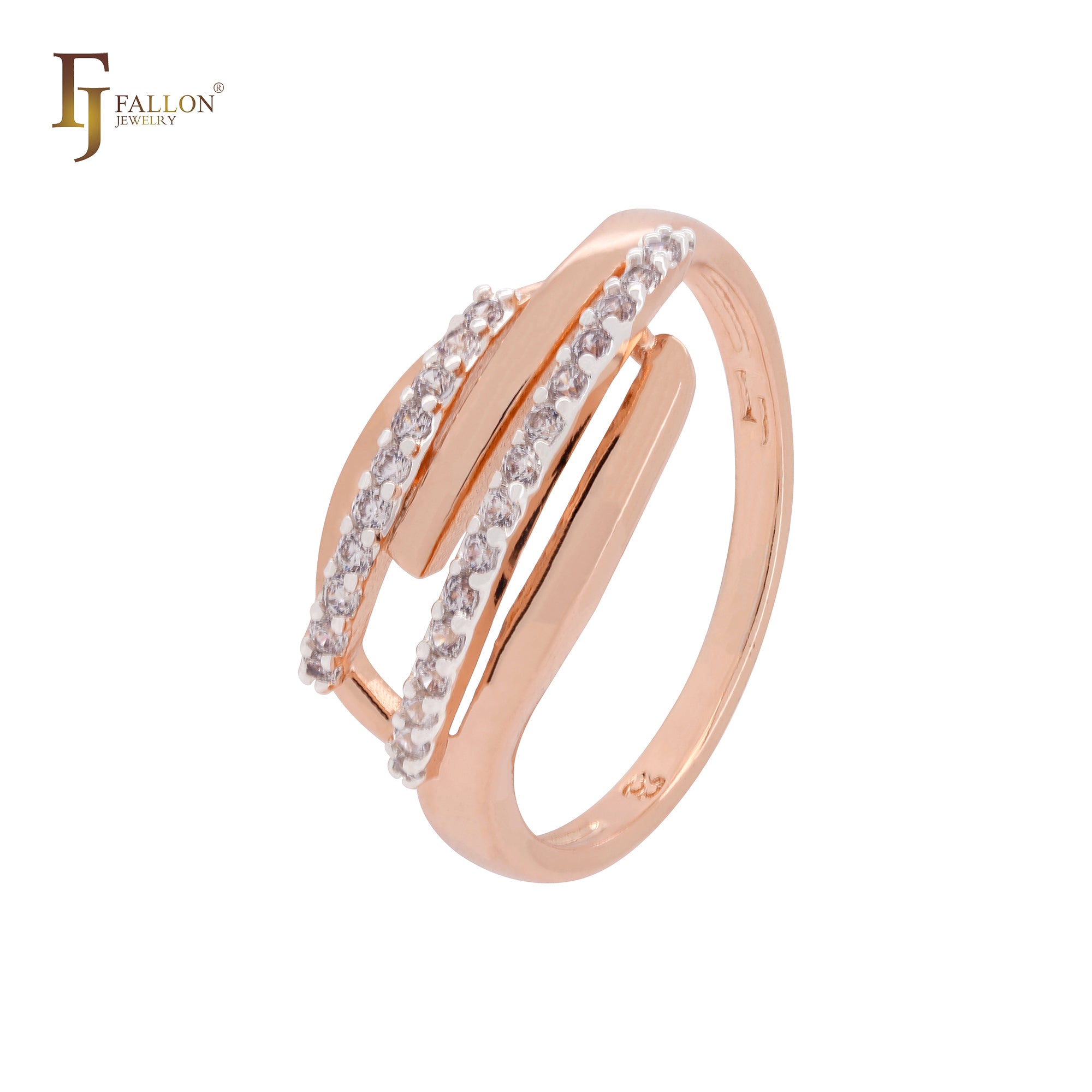 Anillos de moda de oro rosa de dos tonos con mil filas de circonitas blancas paralelas