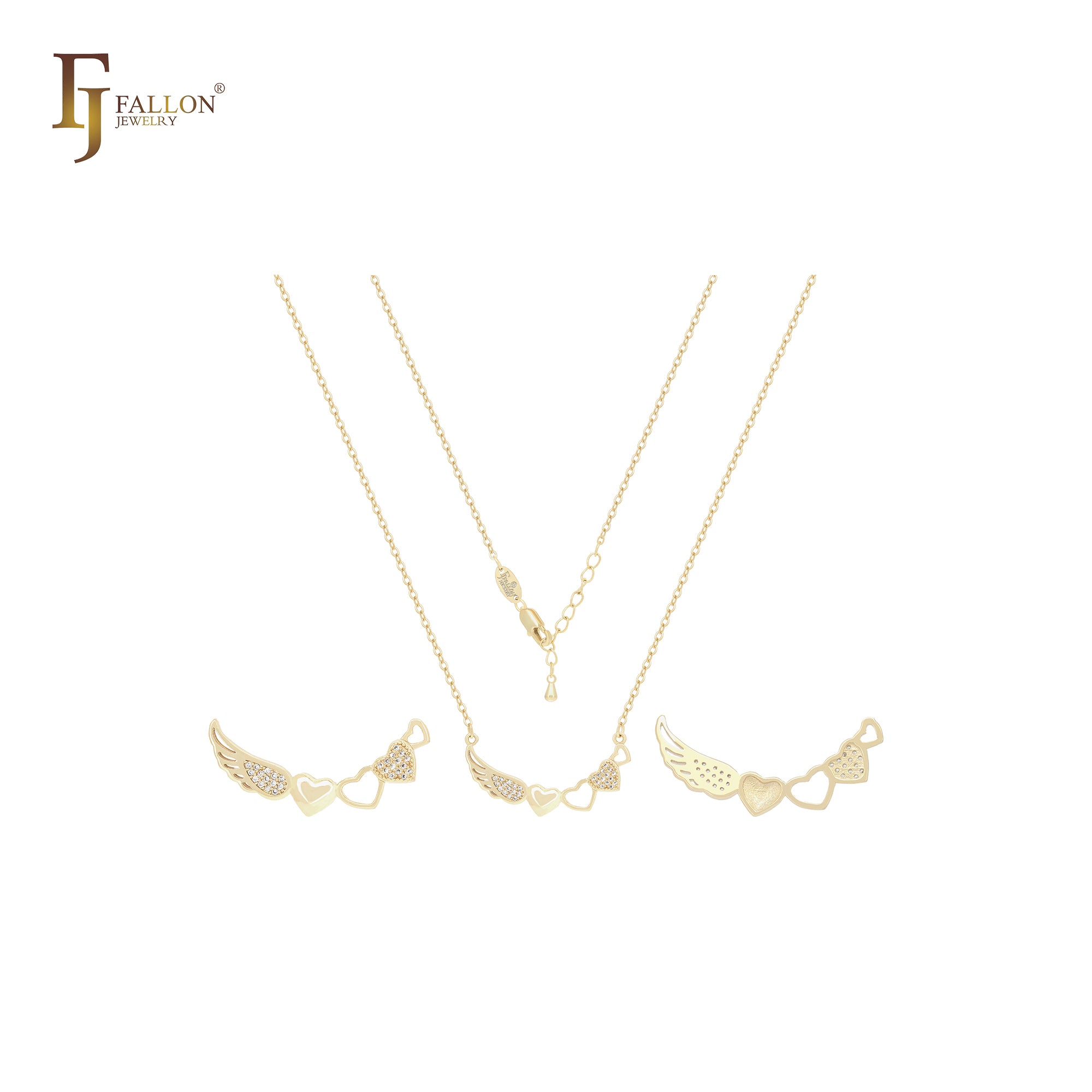 Collar de oro rosa de 14 quilates con alas de ángel y circonitas blancas con corazones.