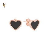 Wide Heart shaped of Black or White Onyx 14K Gold, Rose Gold Stud Earrings