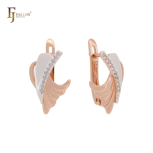 Elegantes pendientes de clip de dos tonos en oro rosa con circonitas blancas y cinta danzante.