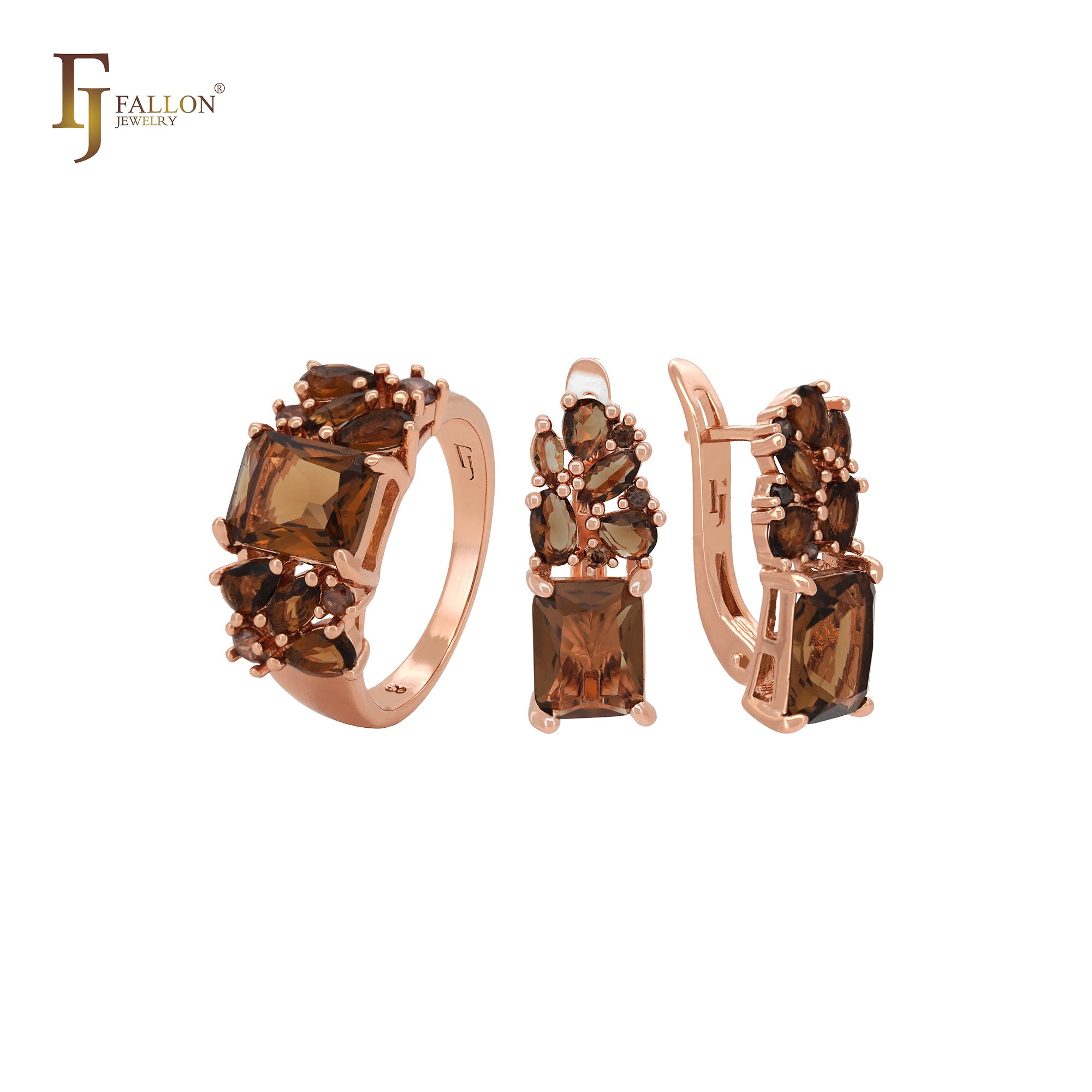 Conjunto de joyas de oro rosa con anillos y lujosos circonitas cúbicas de colores