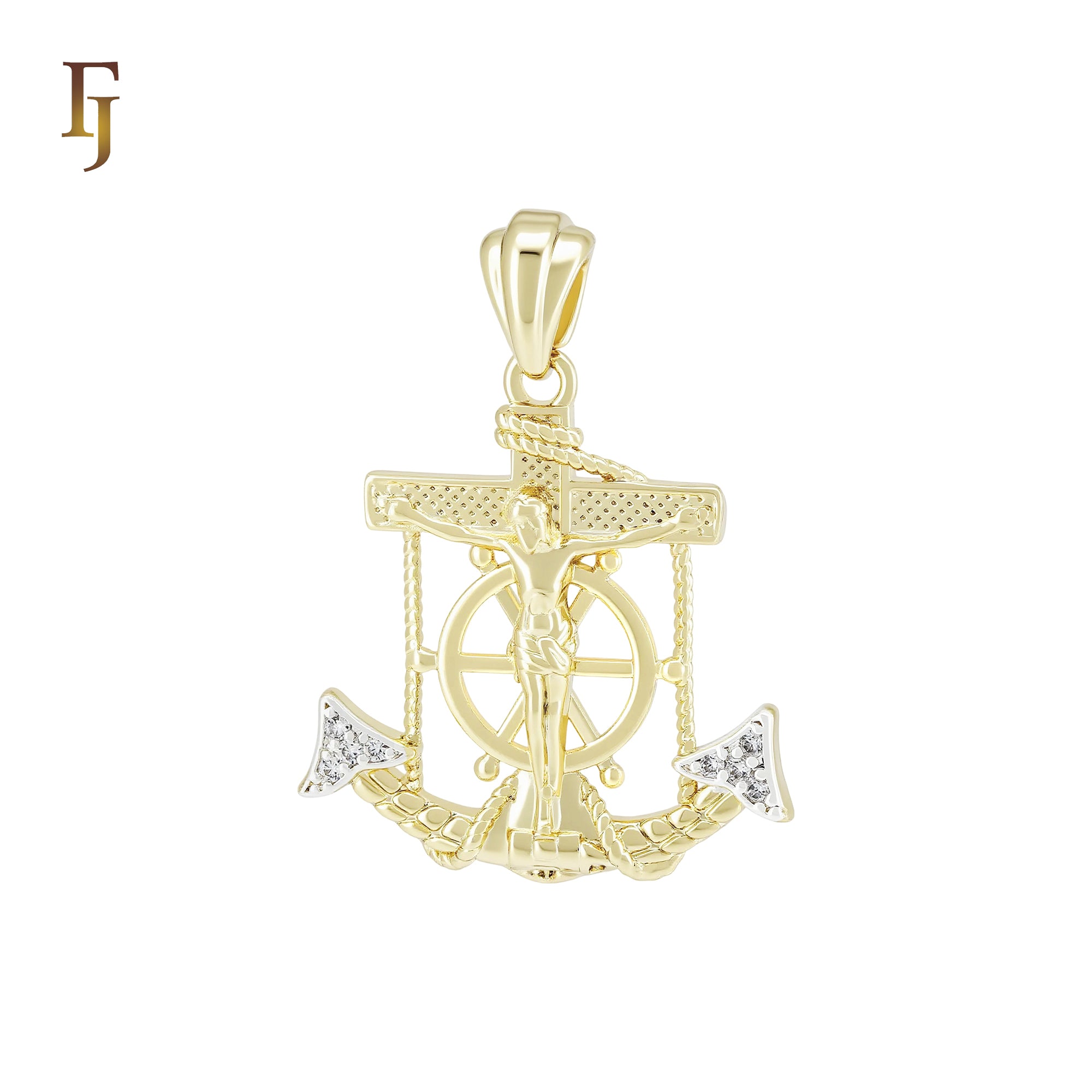 Religious Anchor white CZs of Crucifix 14K Gold Christian Cross Pendant