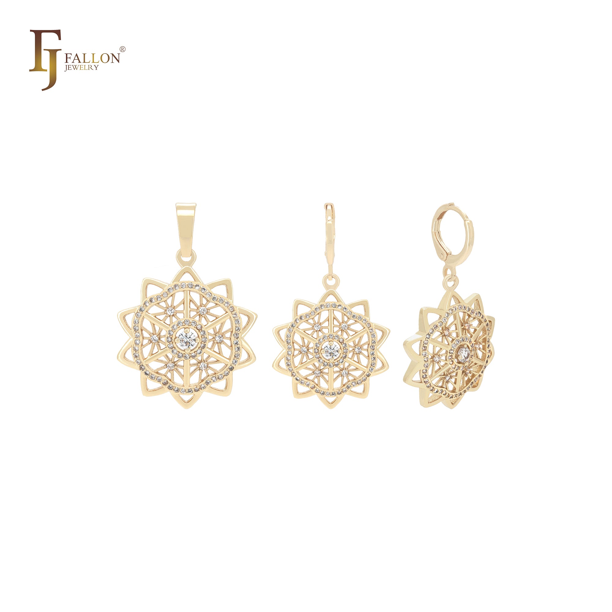 Conjunto de joyas de oro de 14 quilates con colgante y circonitas blancas en forma de copo de nieve decágono