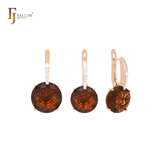Conjunto de joyas de oro rosa de dos tonos con colgante y solitario gigante redondeado de circonitas cúbicas blancas y circonitas cúbicas.