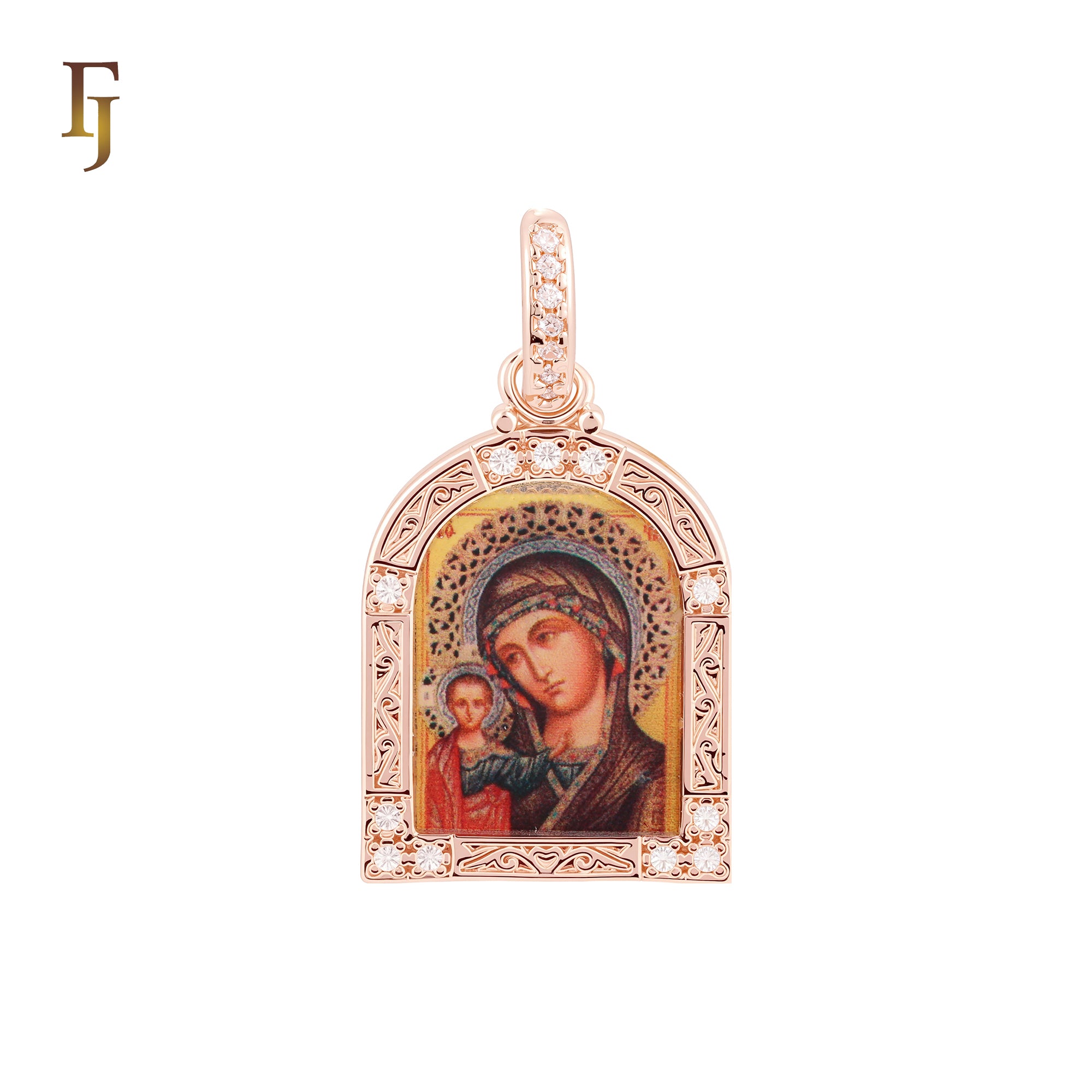 Portrait of Theotokos Kazan Virgin Mary Russian Orthodox Religious Rose Gold Pendant